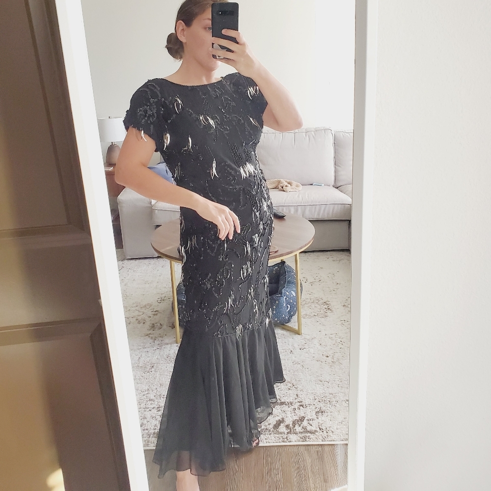 Lillie Rubin Vintage Silk Sequin Beaded Gown Black Small